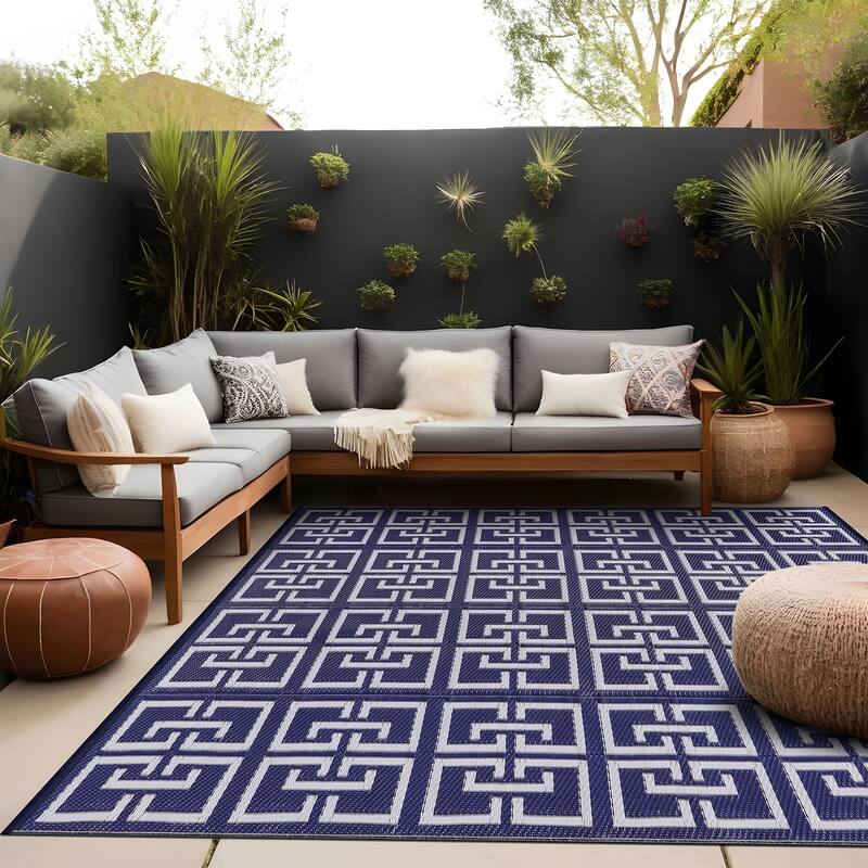Beverly Rug Geometric Greek Key Outdoor Rug Waterproof for Patio, RV Camping