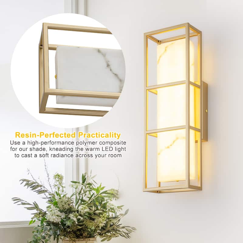 Brushed Gold LED Wall Sconce with White Alabaster Resin Shade