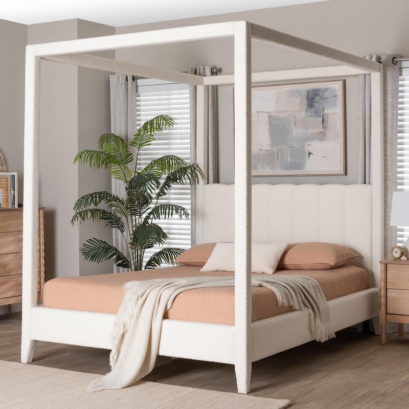 Aerona Boucle Upholstered Canopy Bed - Four Poster Platform Bed with Channel-Tufted Headboard, Cream, Queen