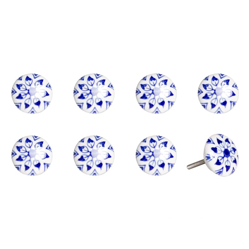 HomeRoots Set of Eight Blue And White Ceramic And Metal Drawer Pull Knobs - 1.5' X '1.5' X '1.5