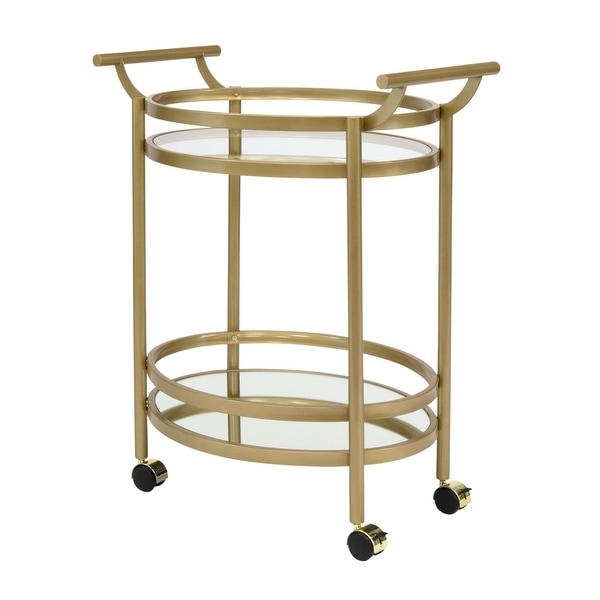 Offex Home Palazzo 2 Tier Clear Glass and Mirror Shelf Metal Oval Serving Bar Cart in Gold Finish