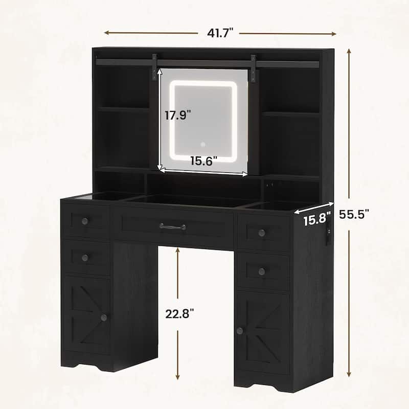 Vanity Desk Barn-Door Sliding Mirror & Power Outlet Glass Top