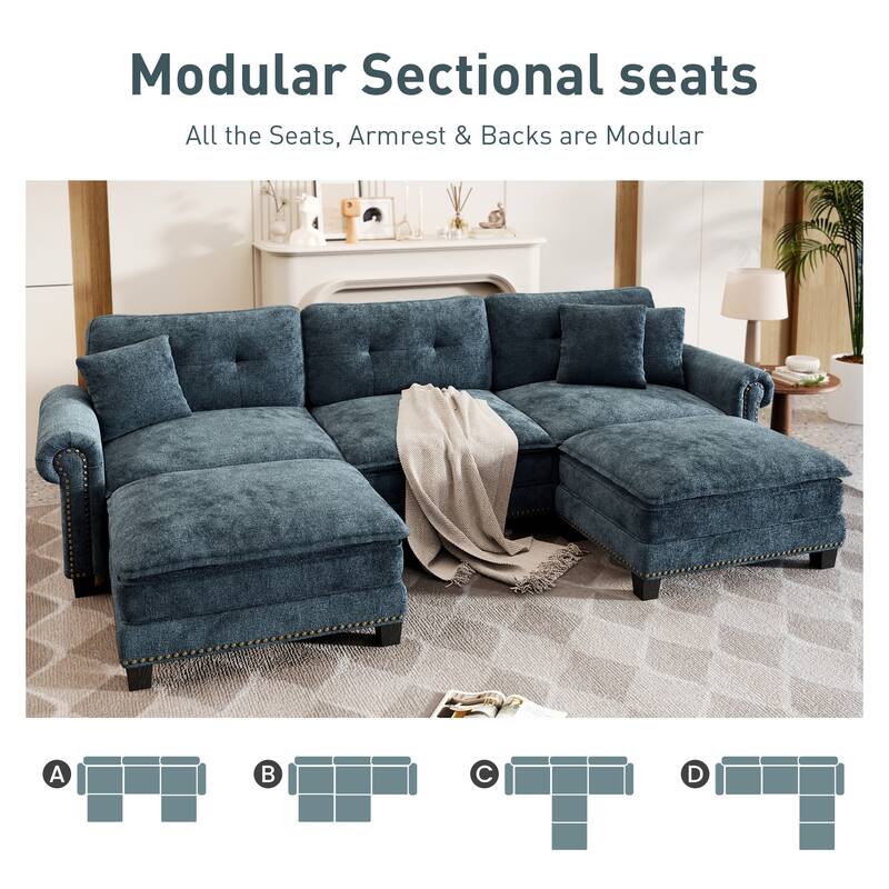 MAISON ARTS Mid-Century Modern Oversized L/U Shaped Cloud Couch with Ottoman, Deep Seat Sectional Sofa with Throw Pillows