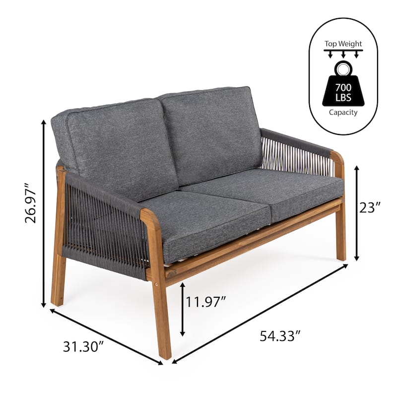 Gable Modern Bohemian Roped Acacia Wood Outdoor Loveseat with Cushions, by JONATHAN Y