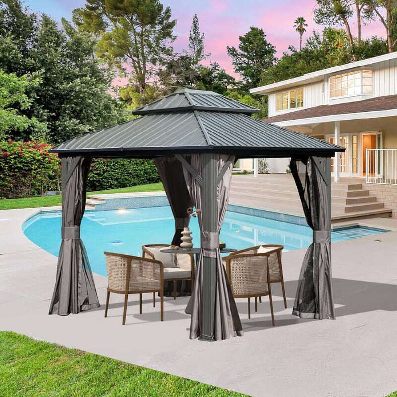 8' x 10' Permanent Metal Gazebo with Double Roof, Curtains, and Netting for Outdoor Gatherings