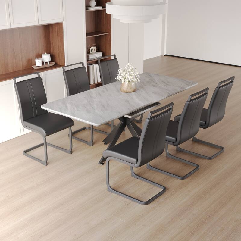 7-Piece Dining Table & Chairs Set with Expandable Dining Table and High Backrest Leather Dining Chairs - Black Gray