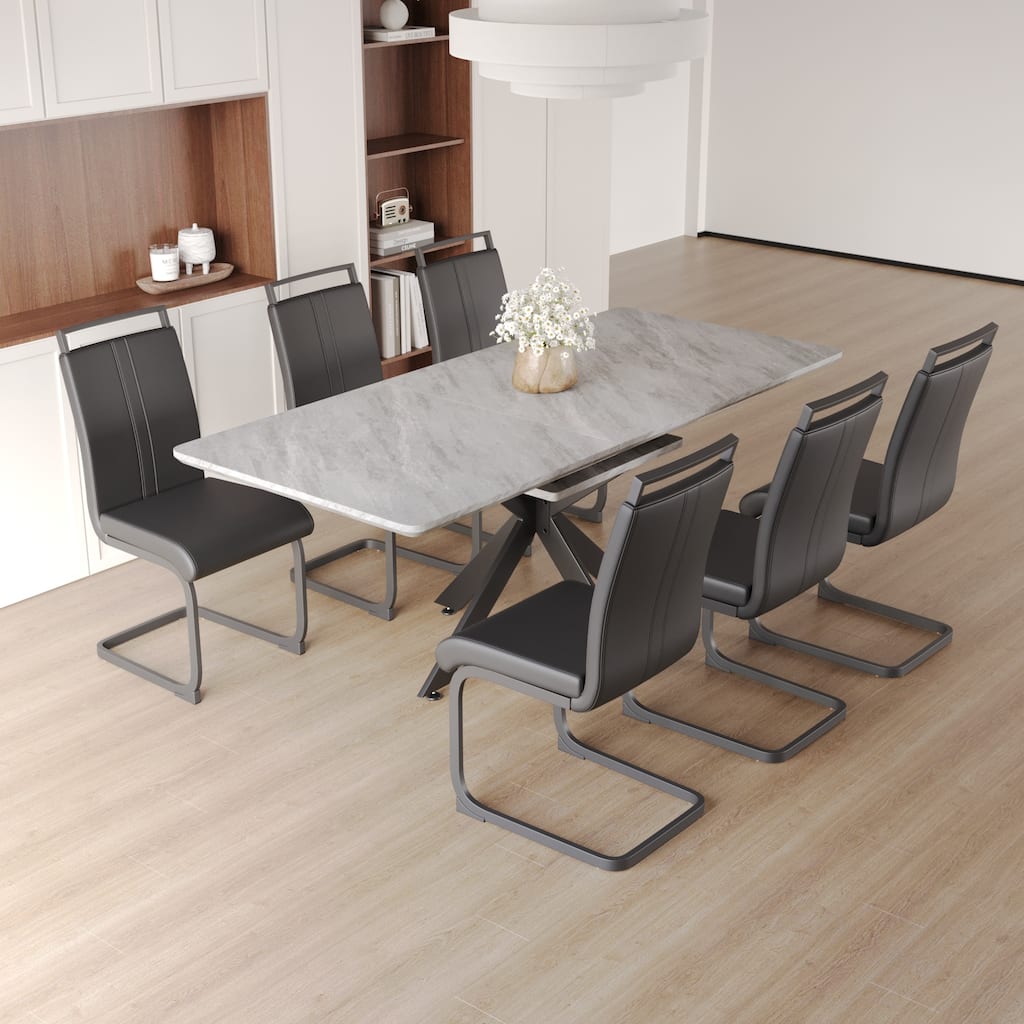 7-Piece Dining Table & Chairs Set with Expandable Dining Table and High Backrest Leather Dining Chairs