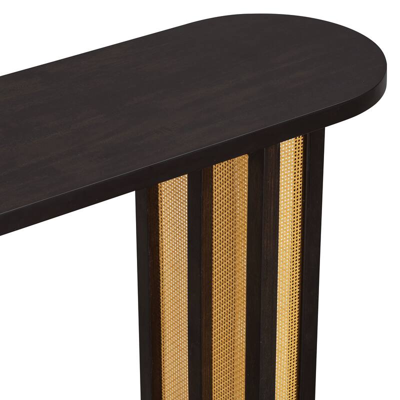 Acacia Veneer Rattan Console Table Narrow Hallway Tables with Oval Table Top, Entryway Table with Storage Drawers Brown