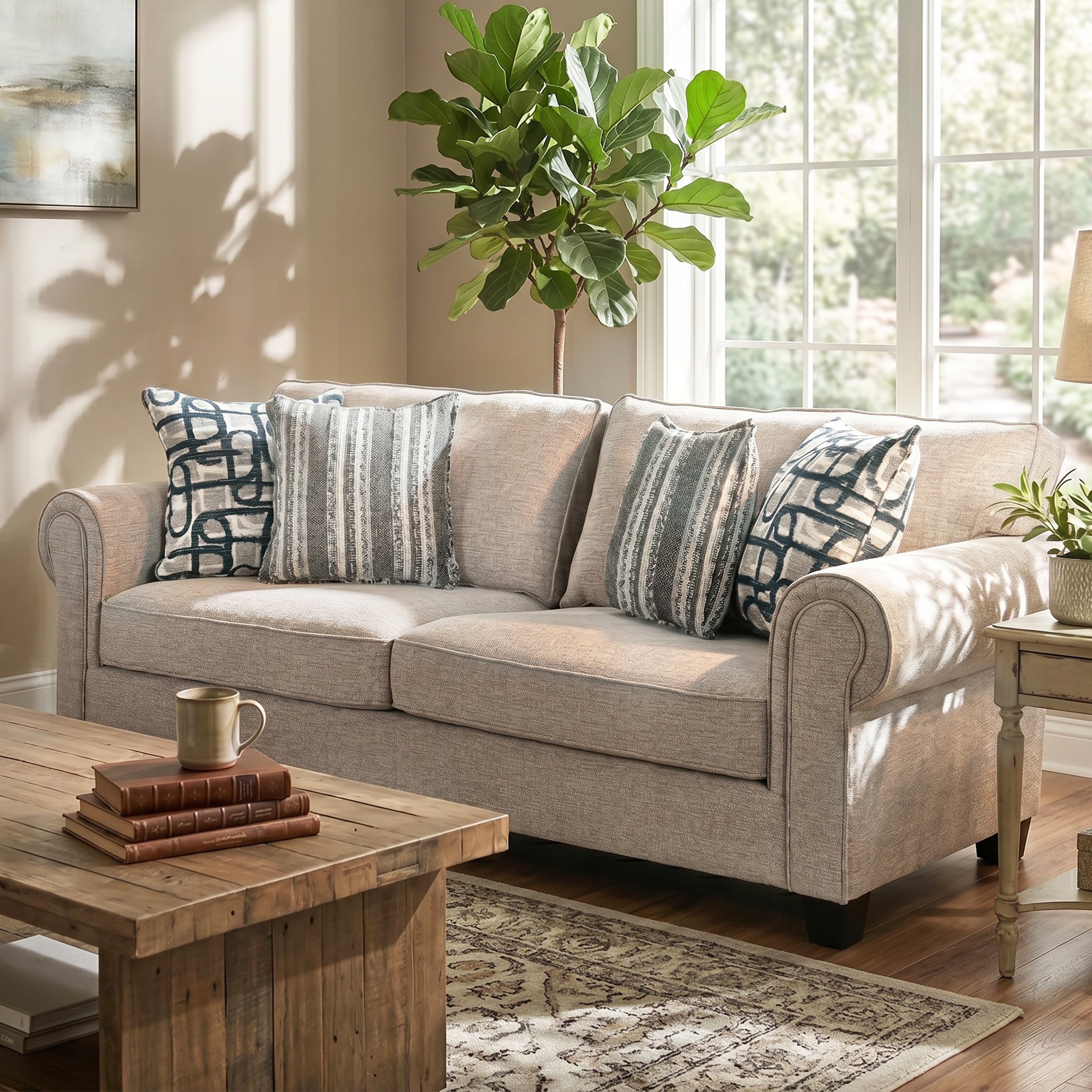 Furniture of America Marla Modern Light Brown and Taupe Chenille Rolled Arms Sofa with Accent Pillows