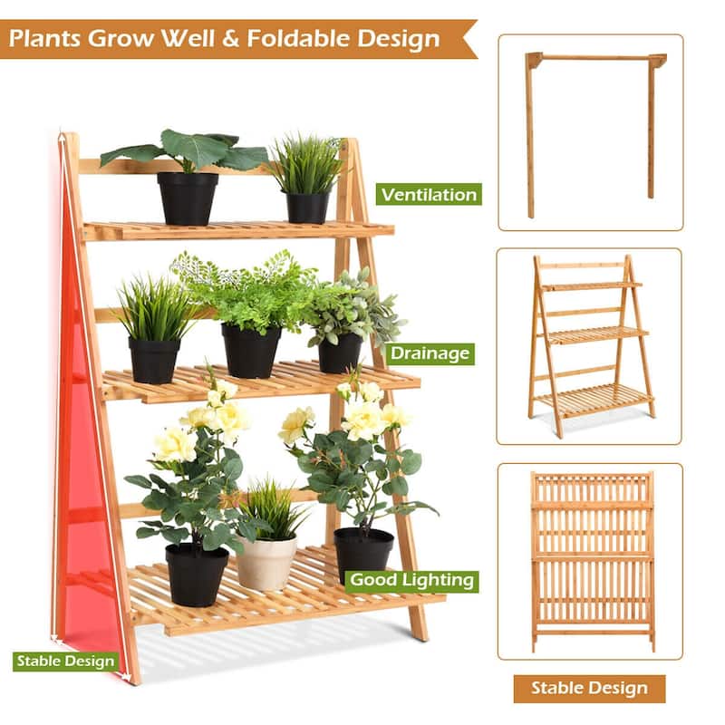 Costway 3 Tier Bamboo Hanging Folding Plant Shelf Stand Flower Pot - 27.5''x16''x47.5''-56.5''(LxWxH)