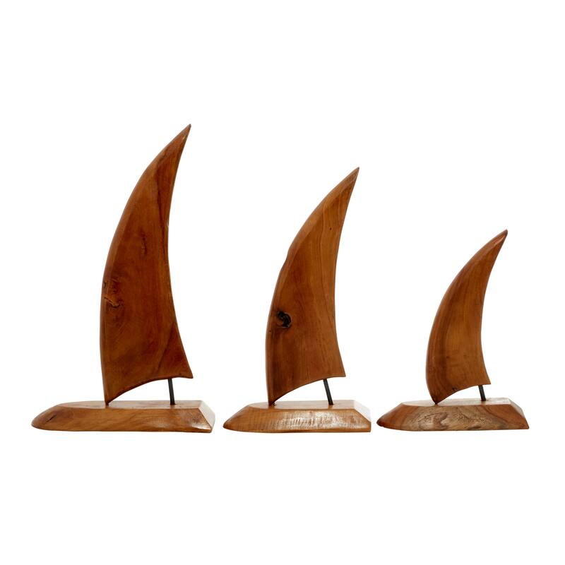 Brown Teak wood Coastal Sculpture Sail Boat (Set of 3) - S/3 20", 17", 13"H