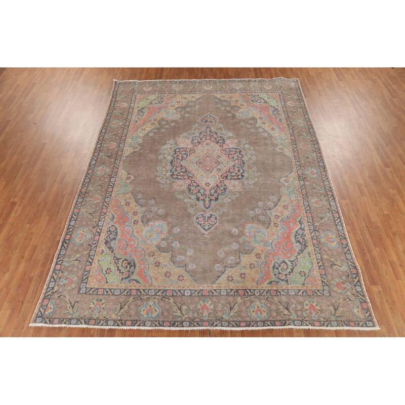 Brown Tabriz Persian Vintage Area Rug Handmade Traditional Wool Carpet - 9'4"x 12'9"