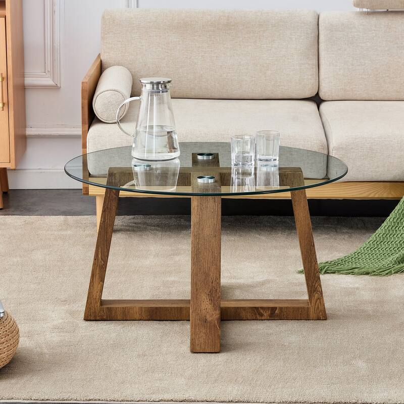 31.5" Modern Round Coffee Table with Tempered Glass Tabletop and Stable Base for Living Room