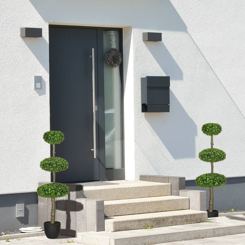 Set of 2 Artificial Boxwood Topiary Trees in Pots, Artificial Plants Faux Trees