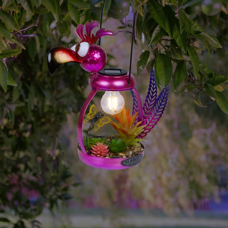 Solar Metal Silly Pink Flamingo with LED Light Decor