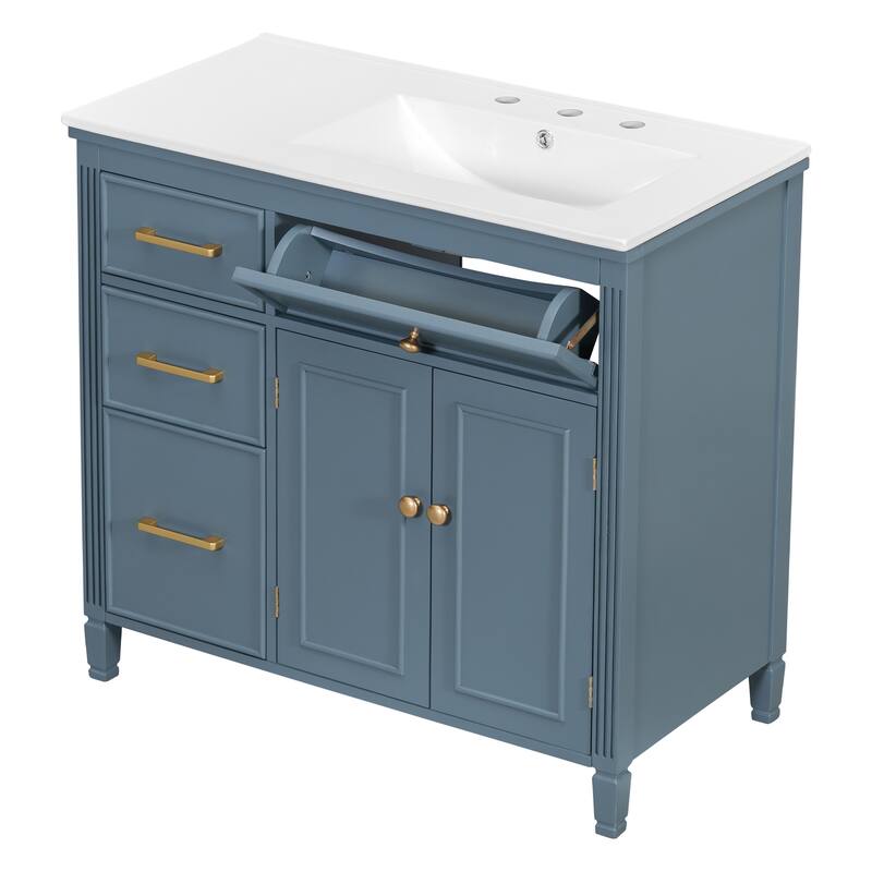 36" Bathroom Vanity with Ceramic Sink, Tip-Out Drawer & 3 Side Drawers, Adjustable Shelf Storage Cabinet