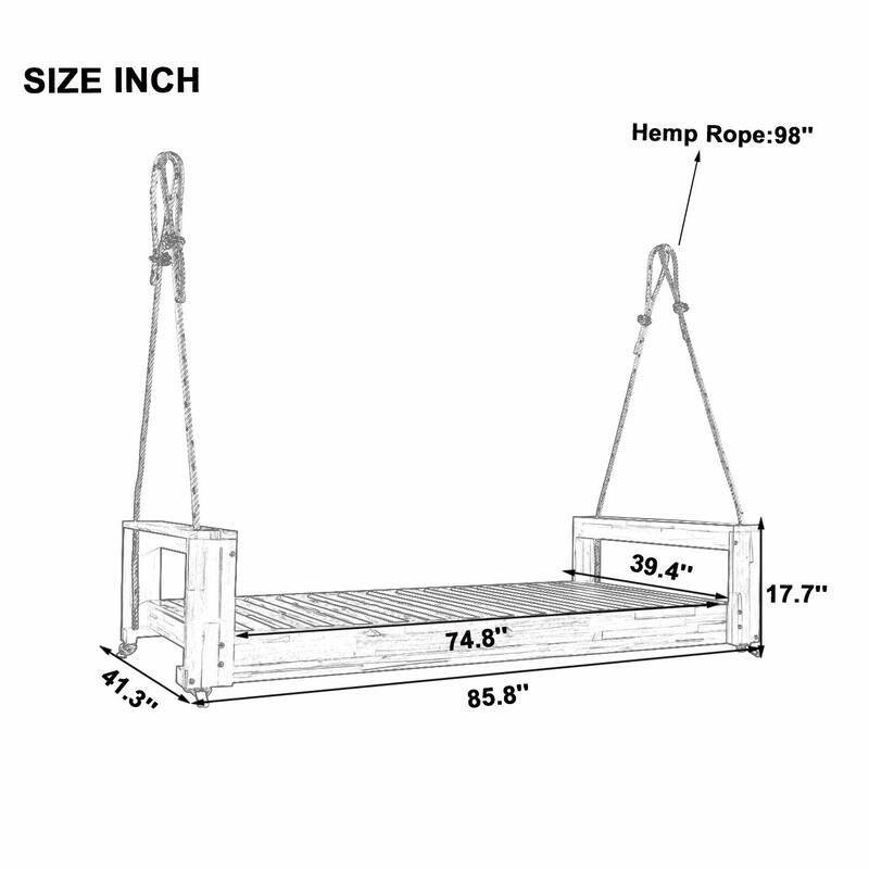Twin Size Porch Swing Bed Seating Group, Patio Acacia Wood Swing Frame with Hemp Rope