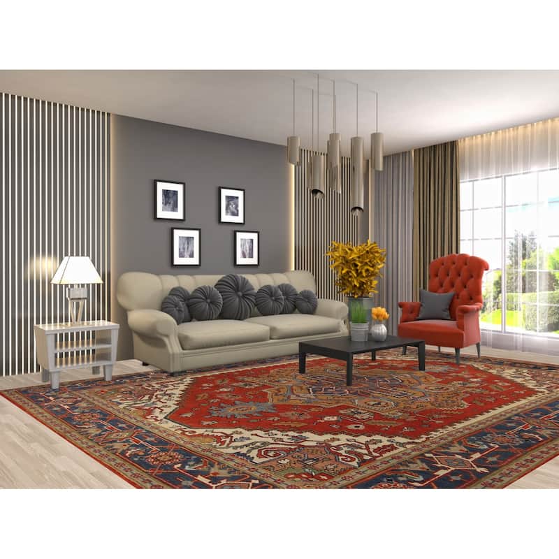 Heriz Serapi Indian Rug Hand-Knotted Medallion Orange Wool Carpet - 9'0"x 11'11"