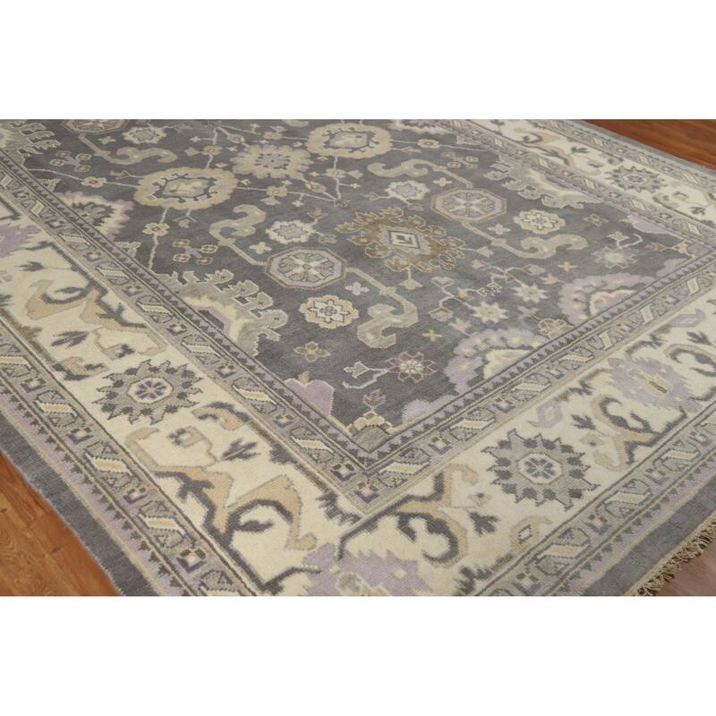 Gray Geometric Oushak Indian Area Rug Hand-Knotted Wool Carpet - 8'8" x 11'10"