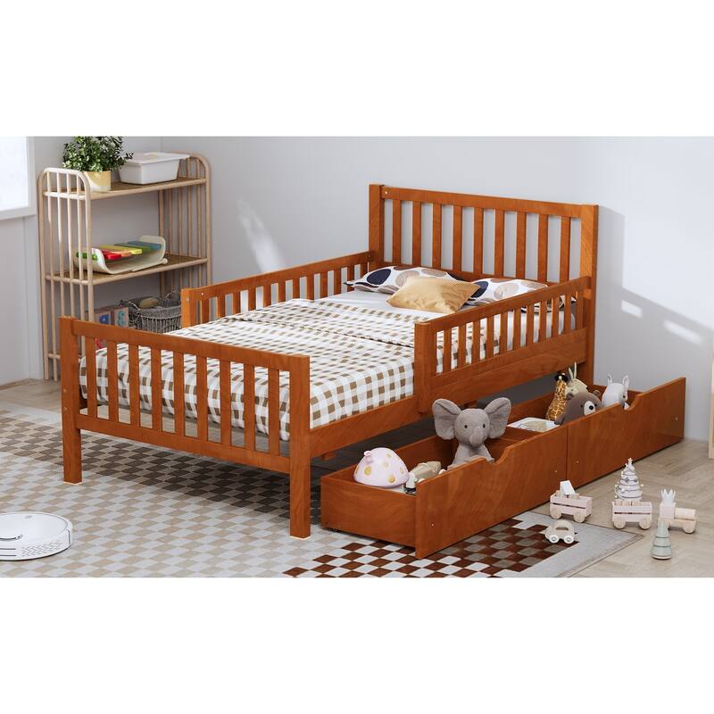 Twin Size Wood Platform Bed with Guardrails on Both Sides and Two Storage Drawers, Walnut