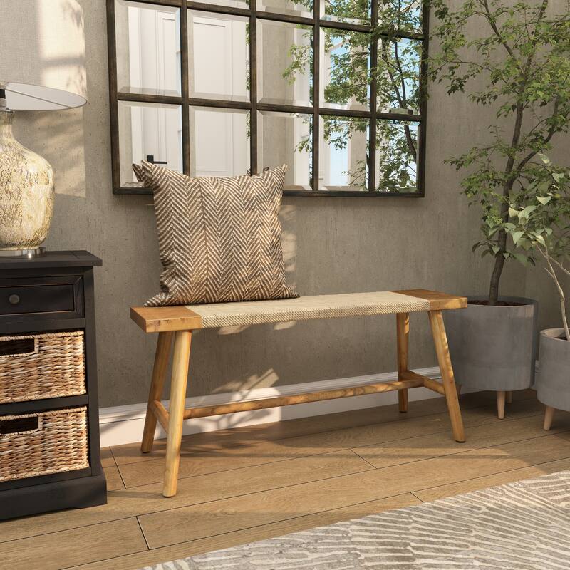 Brown Wood Handmade Traditional Home Bench with Rope Wrapped Seat
