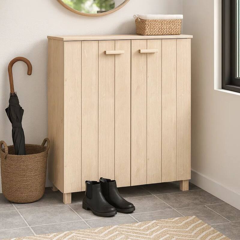 Shoe Cabinet, 2 Slatted Doors, Honey Brown Solid Pine Wood, 33x16x42In