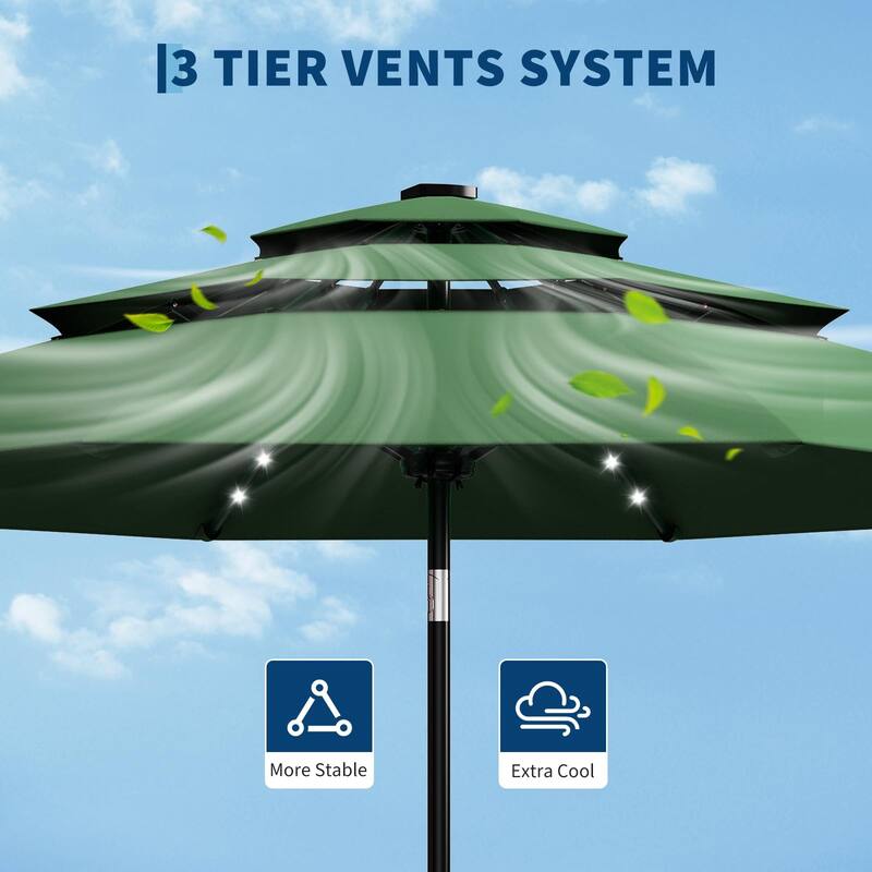 3-Tier Solar Patio Umbrella, with LED Lights and Vents