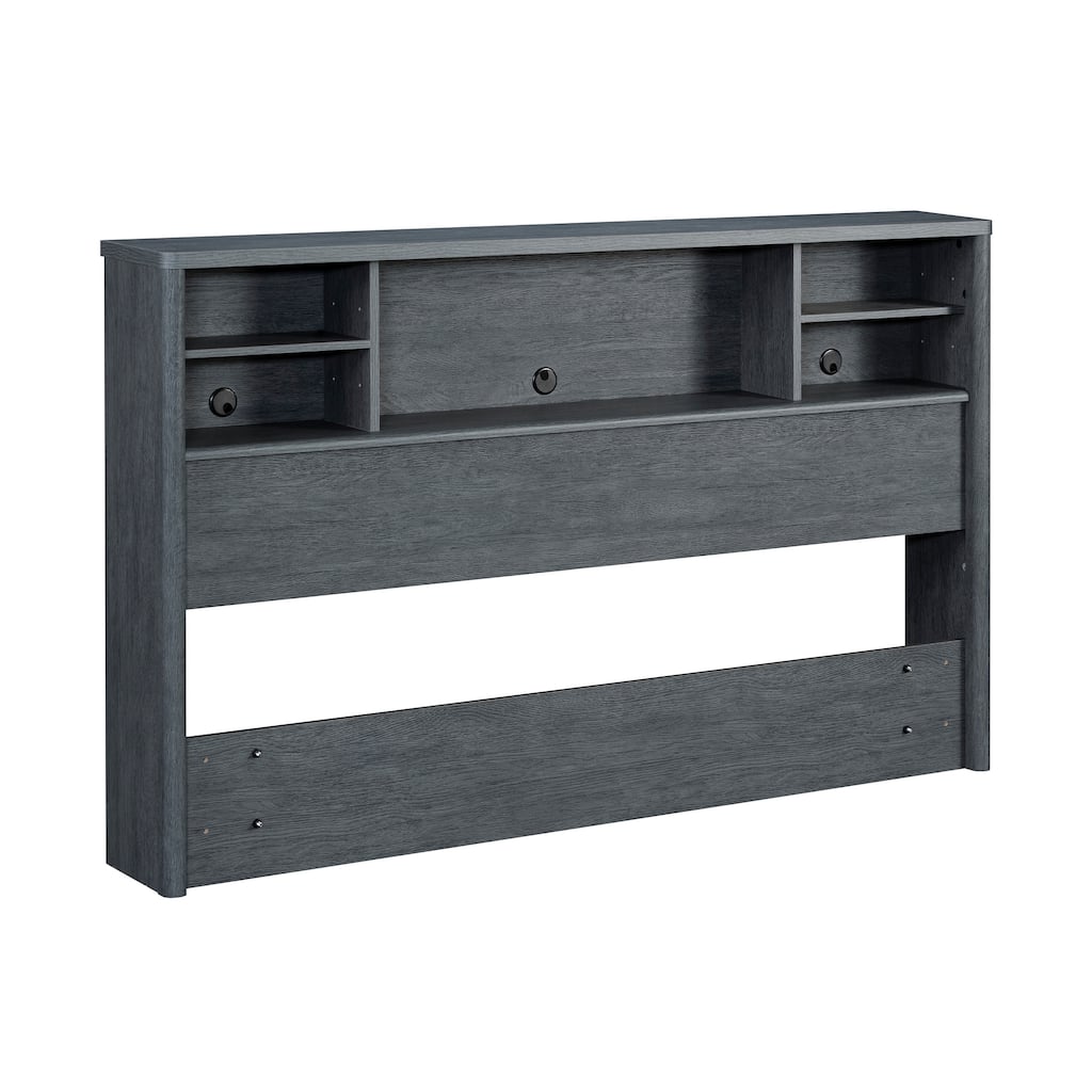 Queen Bookcase Headboard with Storage, Denim Brown Finish