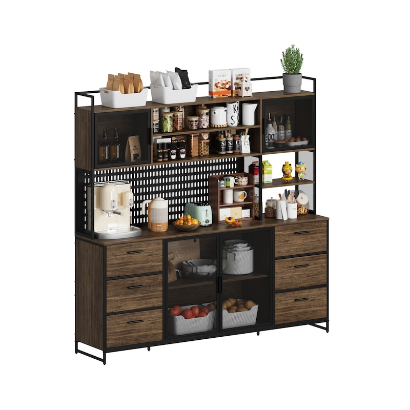 Large Kitchen Storage Cupboard Pantry with Metal Doors&6 Drawers&Shelf - 70.9"W