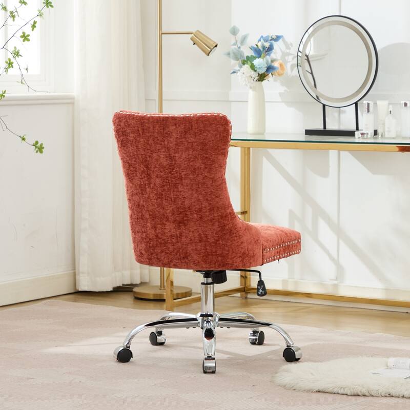 Modern Chenille Upholstered Tufted Button Office Chair with Metal Base, Adjustable Desk Chair Swivel Office Chair, Orange