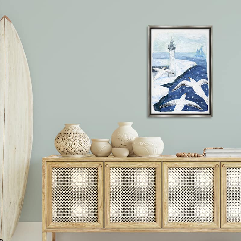 Stupell Snowy Winter Harbor Birds Framed Floater Canvas Wall Art Design By Hannah Moren