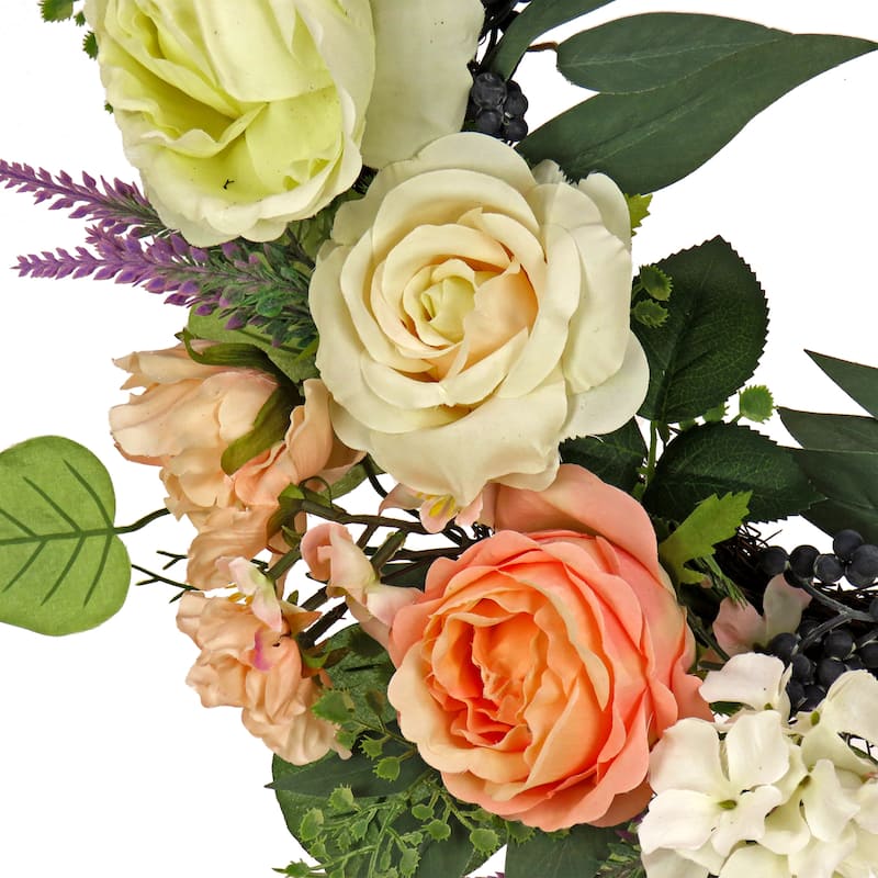 National Tree Company 24 inch Artificial Spring Wreath with Rose and Peony Flower Blooms, Leafy Greens, Realistic Floral Décor