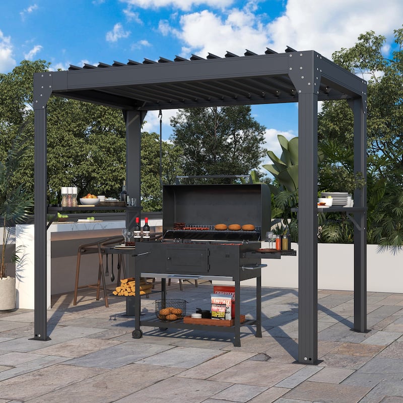 Grill Gazebo with Bar & Shelves, Double Roof BBQ Canopy for Patio, Wind & Weather-Resistant Outdoor Grill Shelter Tent