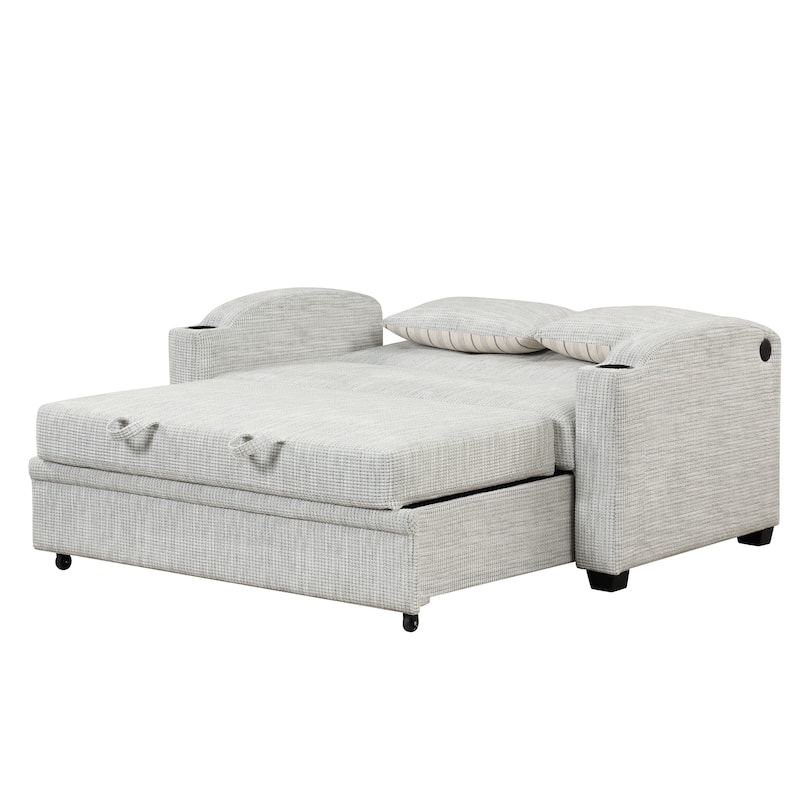 61.6" Pull Out Sofa Bed with Adjustable Backrest, 2 Pillows, Cup Holders & USB Ports, White Gray, Chenille