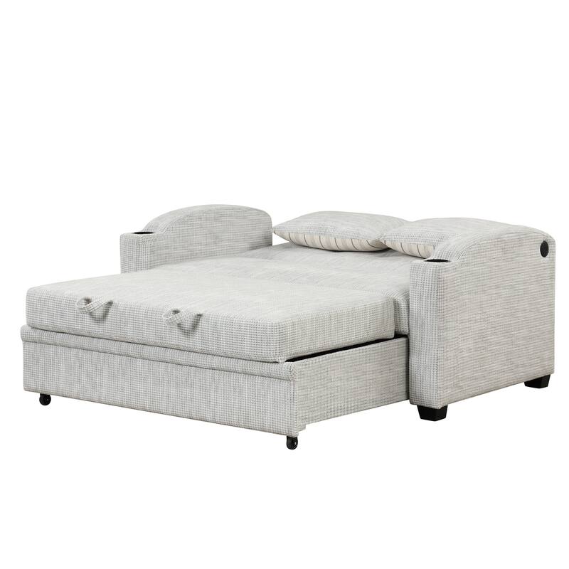 Pull Out Sofa Bed Modern Chenille Convertible Loveseat Sofa With Adjsutable Backrest, 2 Pillows, Cup Holders, Usb Ports