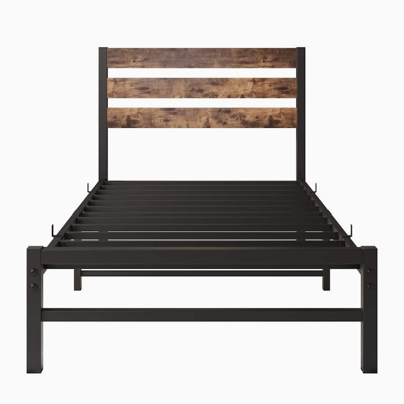 Platform Bed Frame with Rustic Vintage Wood Headboard, Strong Metal Slats Support Mattress Foundation