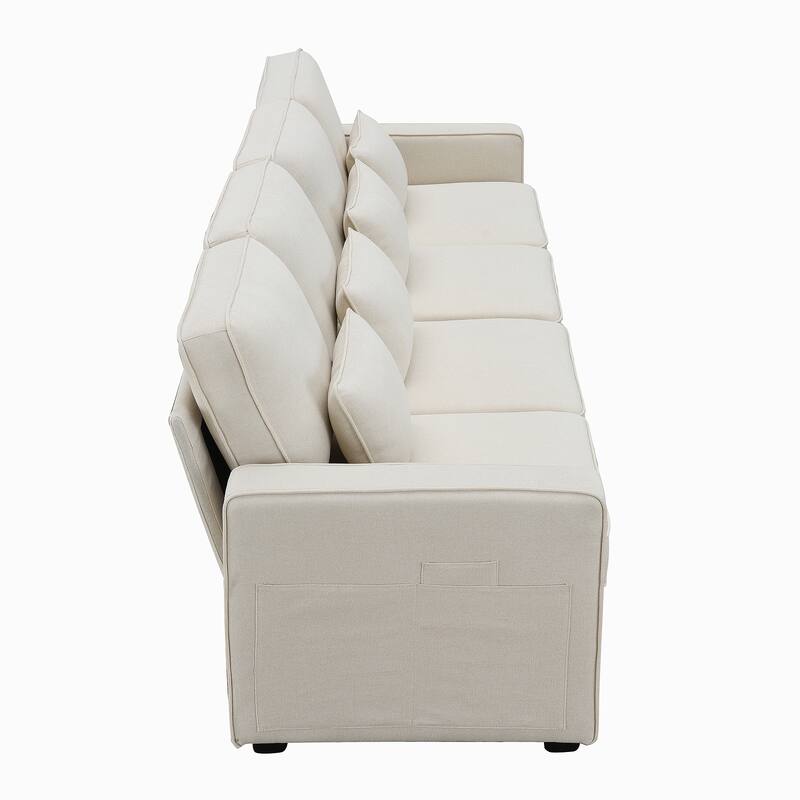 4-Seater Linen Fabric Sofa with Armrest Pockets and 4 Pillows