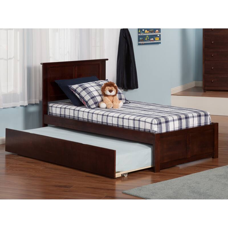 Handmade Platform Bed with Trundle & USB Ports - Twin Size, Espresso Finish, HomeStock