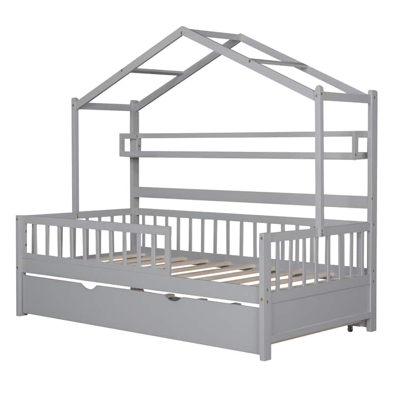 Wooden House Bed with Trundle, Kids Bed with Shelf