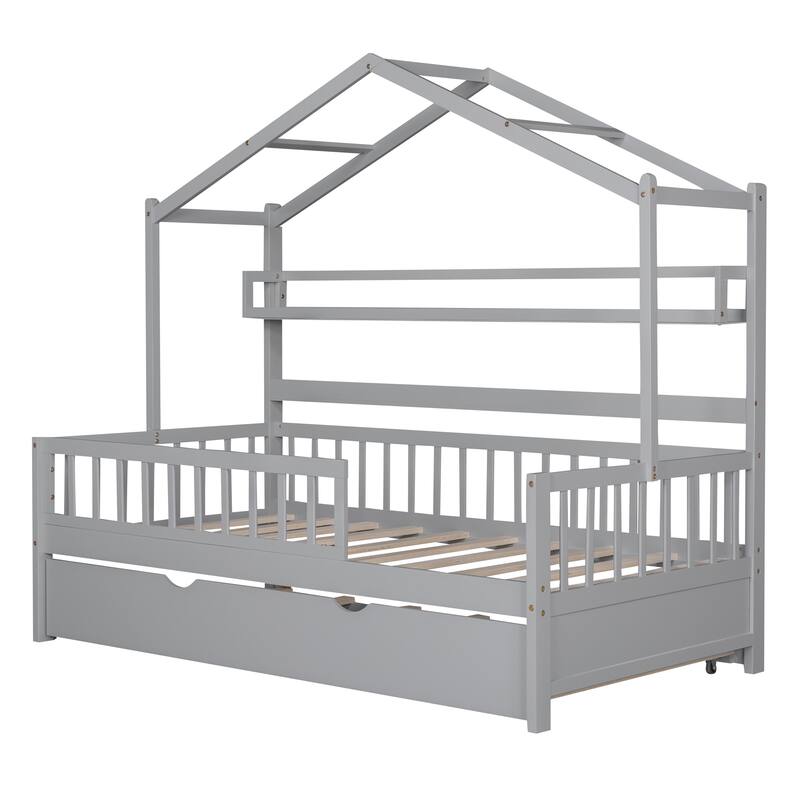 Cute Wooden Twin or Full House Bed with Trundle, Kids Bed Wood Platform Bed Frame with Safety Guardrail & Storage Shelf