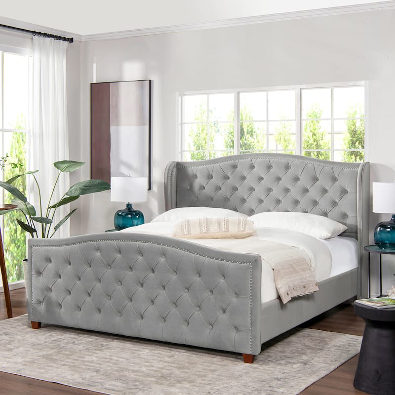 Athens Upholstered Nailhead Tufted Wingback Panel Bed