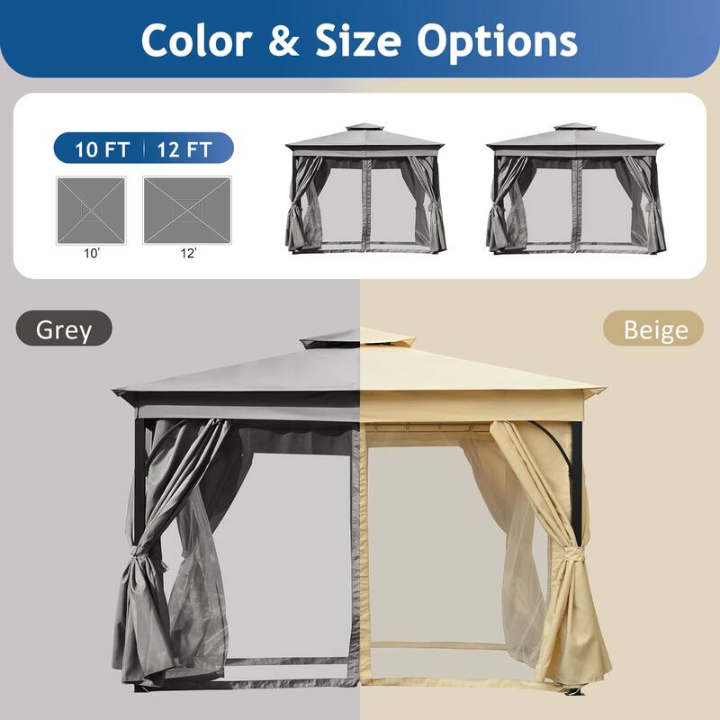 10x10 Outdoor Gazebo Tent with Double Roofs, Patio Gazebo with Mosquito Netting and Privacy Screens