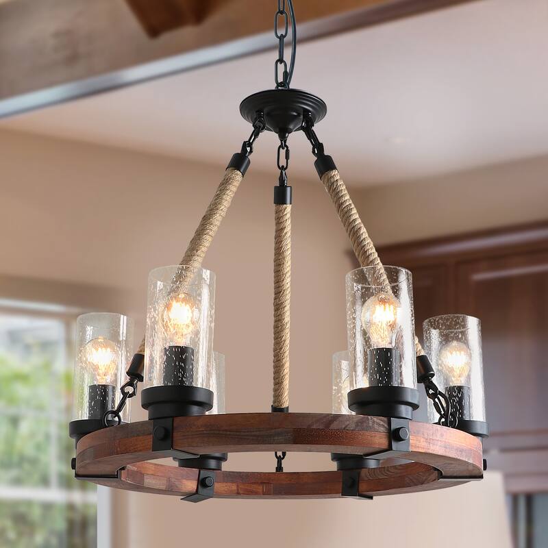 Anmytek Modern Farmhouse 6-Light Round Wood Chandelier Wagon Wheel Pendant Lights With Seeded Glass