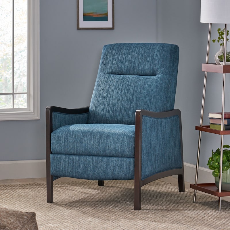 Roomfitters Mid-Century Fabric Push Back Recliner Chair with Wood Trim and Angled Arms - Blue