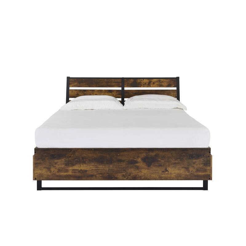 Industrial Solid Wood Bed with Wooden Side Rails and Slatted Headboard