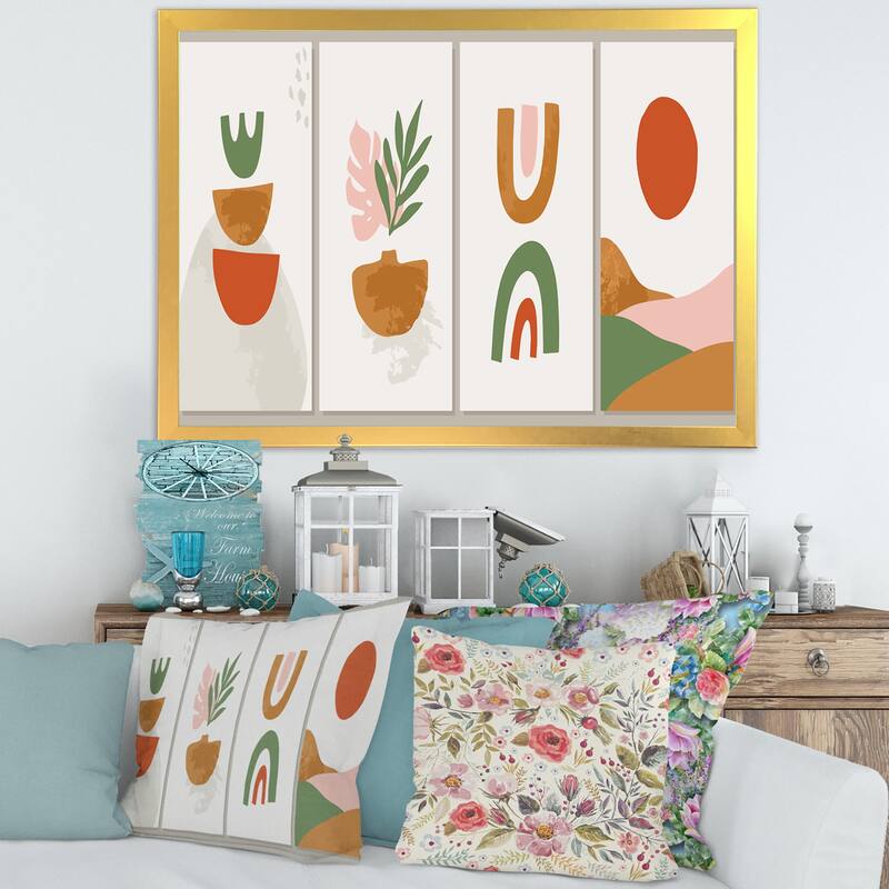Designart "Minimalistic Compostion of Organic Shapes VI" Modern Framed Art Print - 20 In. Wide x 12 In. High - Gold