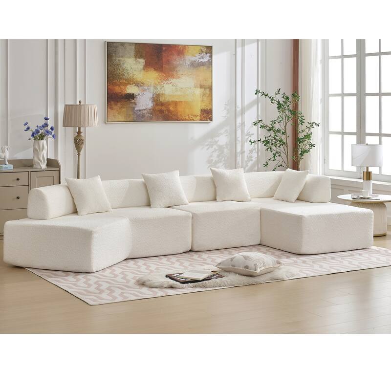 140" L-Shape Boucle Modular Sectional Sofa with Chaise and 4 Pillows