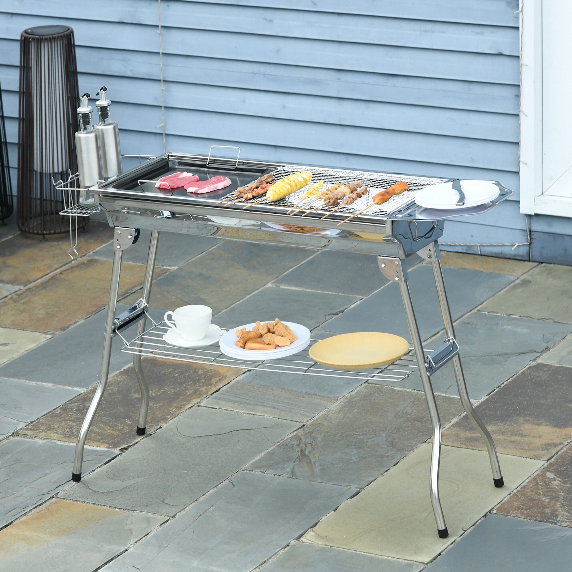 Charcoal Grill Stainless Steel Portable Folding BBQ Outdoor Hibachi Tailgating Travel with Pan Grill Rack Shelves and Hooks Bed Bath Beyond 40931129