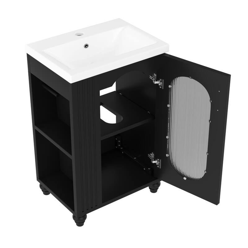 Small Bathroom Vanity with Sink, Wood Bathroom Cabinet with Glass Door, Single Basin Vanity Set with Two-Tier Shelf
