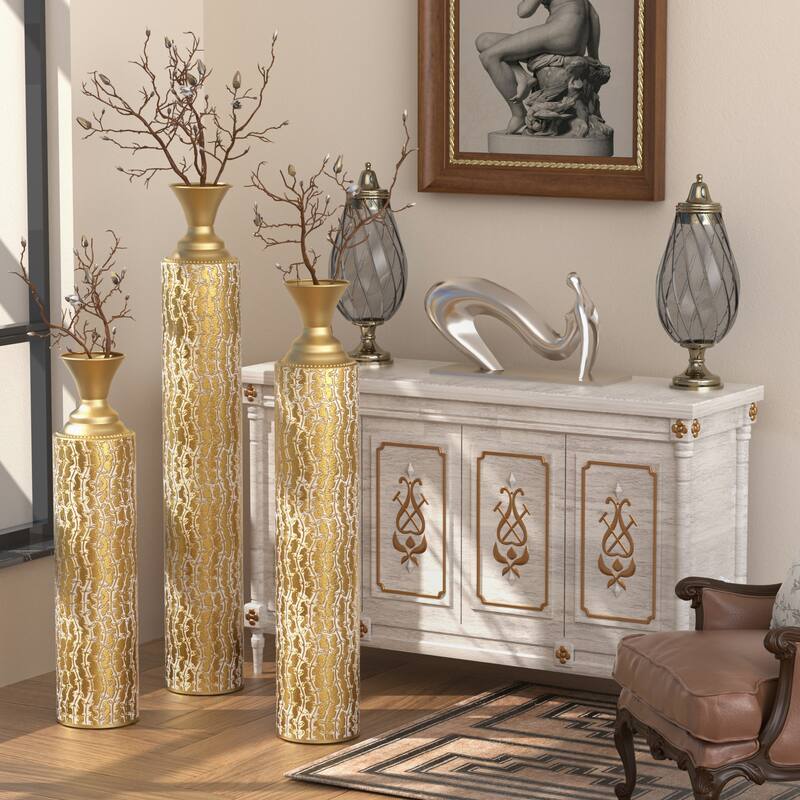 Metal Decorative Vases High Distress Metal Center Vases with Growing Vine Patterns,Set of 3 Vases for Home Decoration